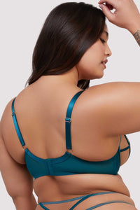 model show teal mesh hook and eye fastening bra back