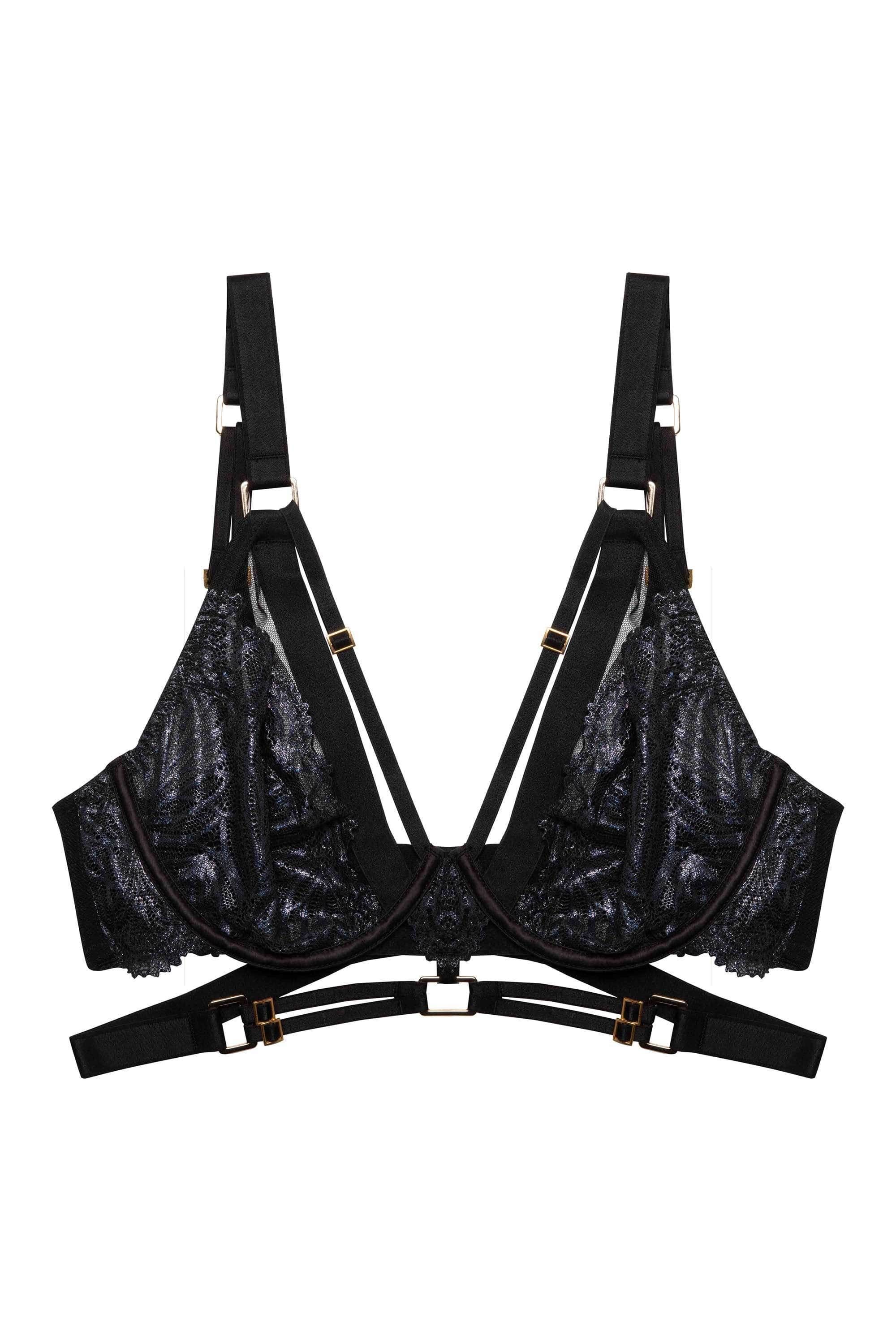Black wet look lace plunge bra with straps