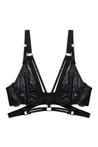 Black wet look lace plunge bra with straps