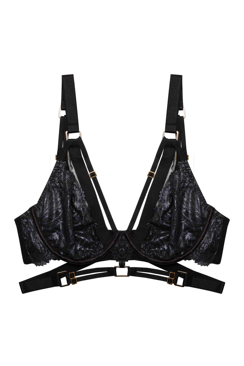 Black wet look lace plunge bra with straps