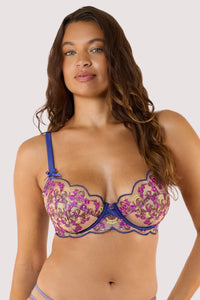 Model Wears Baroque Embroidery Bra Blue Satin Straps and Floral Nude Mesh Cups.