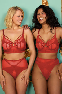 Model wears a eddie ruby red crossover high waist brief with ruby red mesh and fishnet panels, with a matching bra.