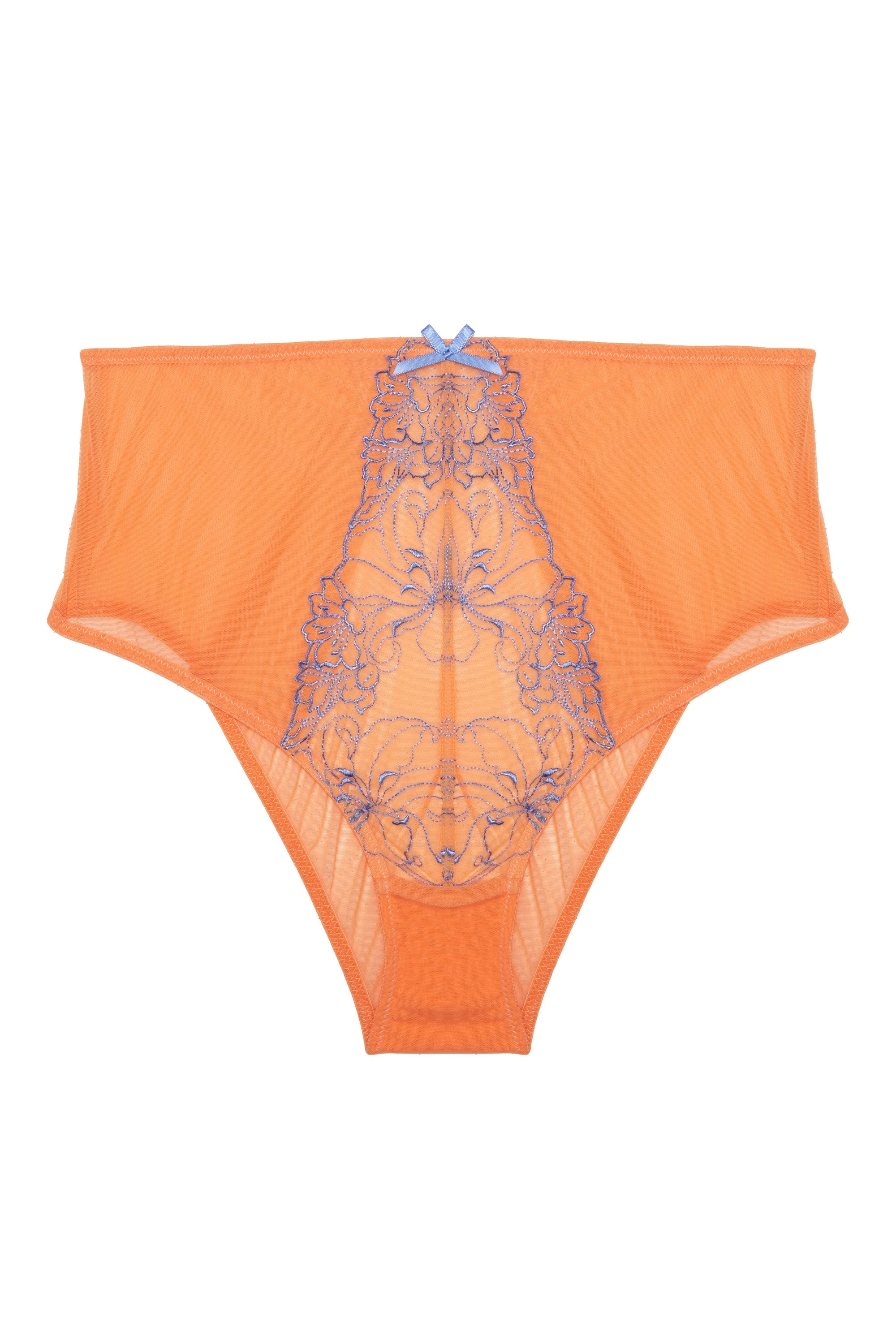 Cutout of orange mesh high-waisted brief with lacey blue-lilac detailing on the front.