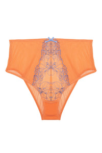 Cutout of orange mesh high-waisted brief with lacey blue-lilac detailing on the front.