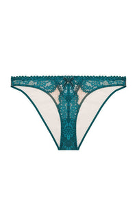 Teal eyelash lace brazillian brief with velvet bow with pearl charm and nude mesh with teal eyelash lace panels.
