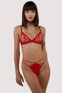model wears Ramona red bra with open back thong lingerie set