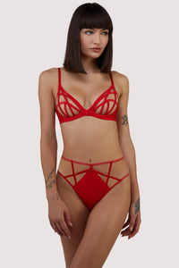 model wears red bra and high waist brief lingerie set