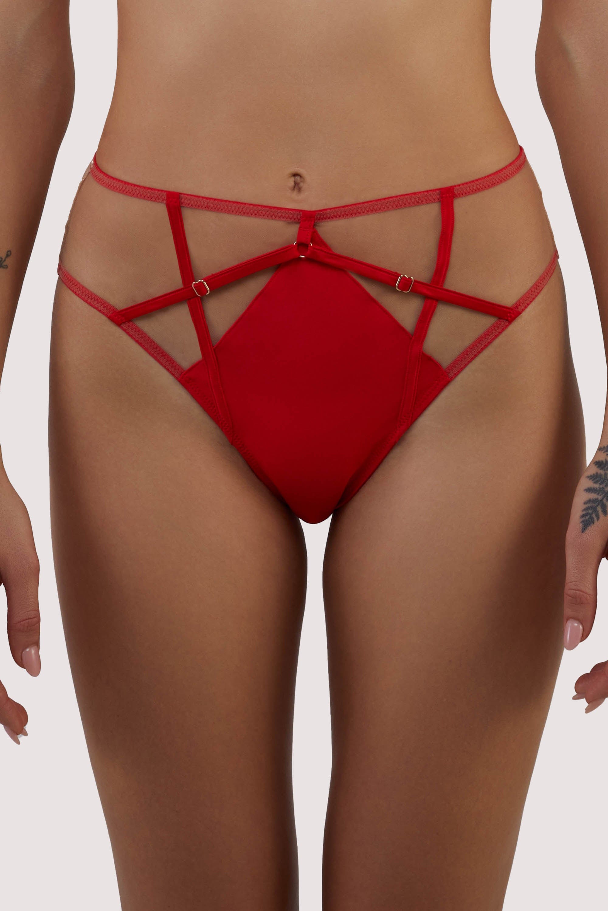 model wears Ramona red strap detail illusion mesh high waisted brief