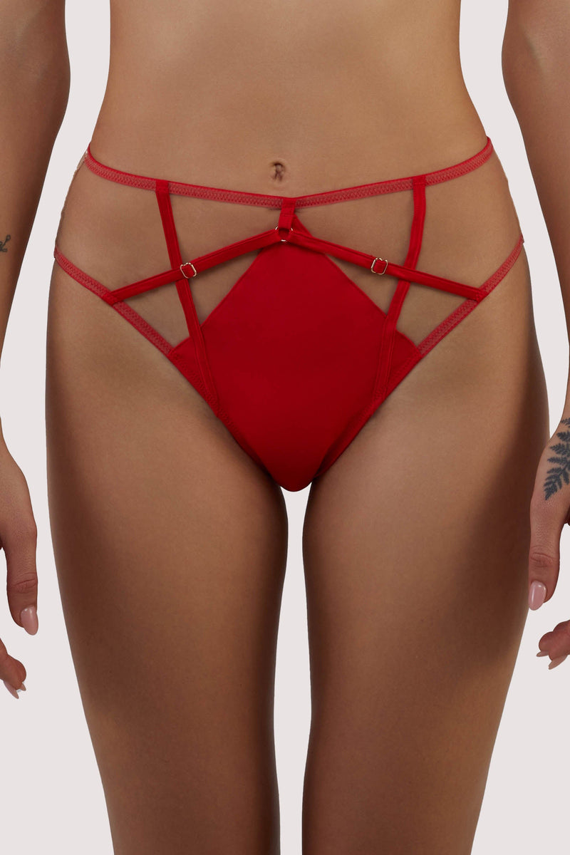 model wears Ramona red strap detail illusion mesh high waisted brief