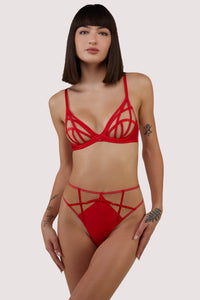 model wears red Ramona bra with lingerie set