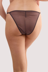 Model shows the back of a sierra brown embroidery brief with brown floral embroidered front panel featuring scalloped edging and satin side bands.