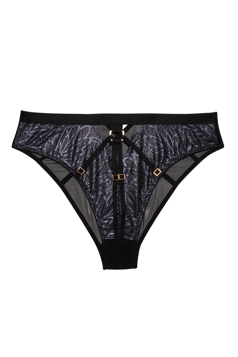 Black wet look lace high waist brief with straps