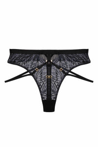Black wet look lace high waist thong with straps