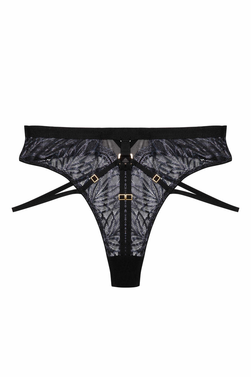 Black wet look lace high waist thong with straps