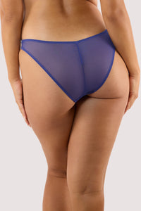 Model Wears Baroque Embroidery Brief Back View in Sheer Blue Mesh.