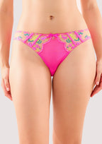 Fuller Bust|Model wears a thea neon pink baroque embroidery brief with cotton gusset and low rise, full brief style.