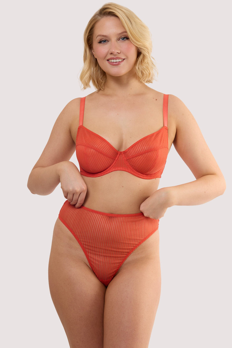 Model wears a veronica red microstripe high waist high leg brief with red microstripe stretch mesh with matching plunge bra.