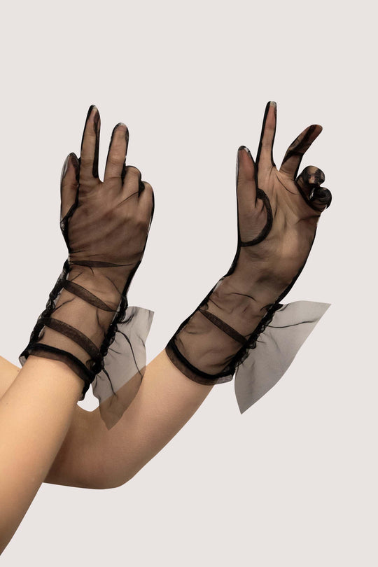 Black Gathered Mesh Gloves with Wrist Frill