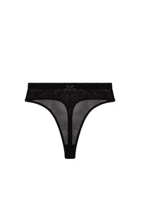 Black mesh high waist thong with satin bow and sheer mesh panel