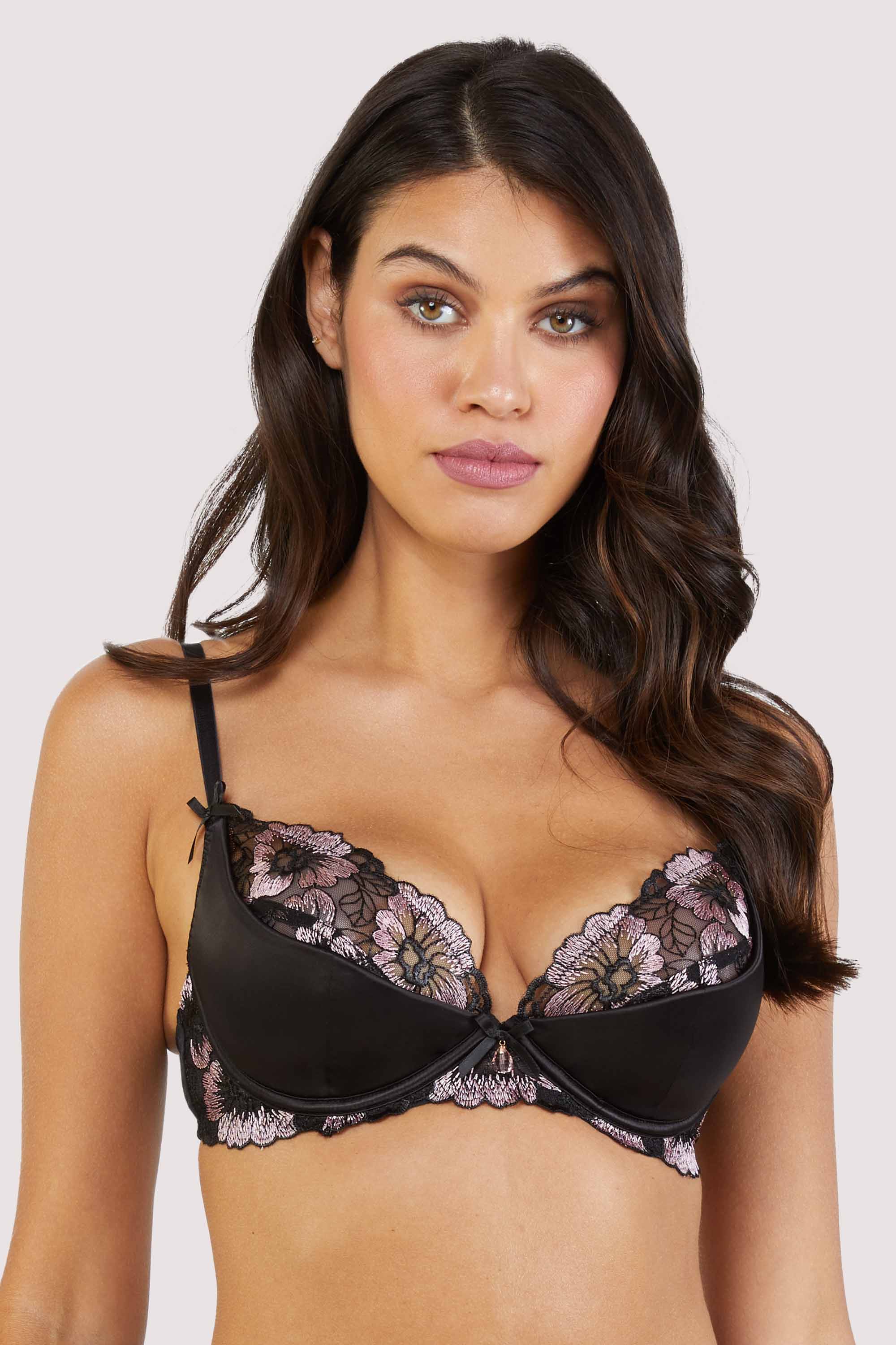 Black Plunge Bra with delicate black and pale pink floral embroidery and underwired satin padded cups.