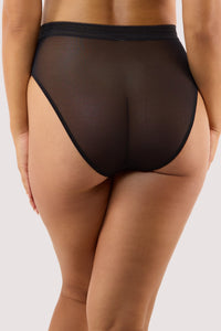 Model shows back of Sheer High Waist Brief highlighting the sheer mesh coverage and cheeky full-brief cut.