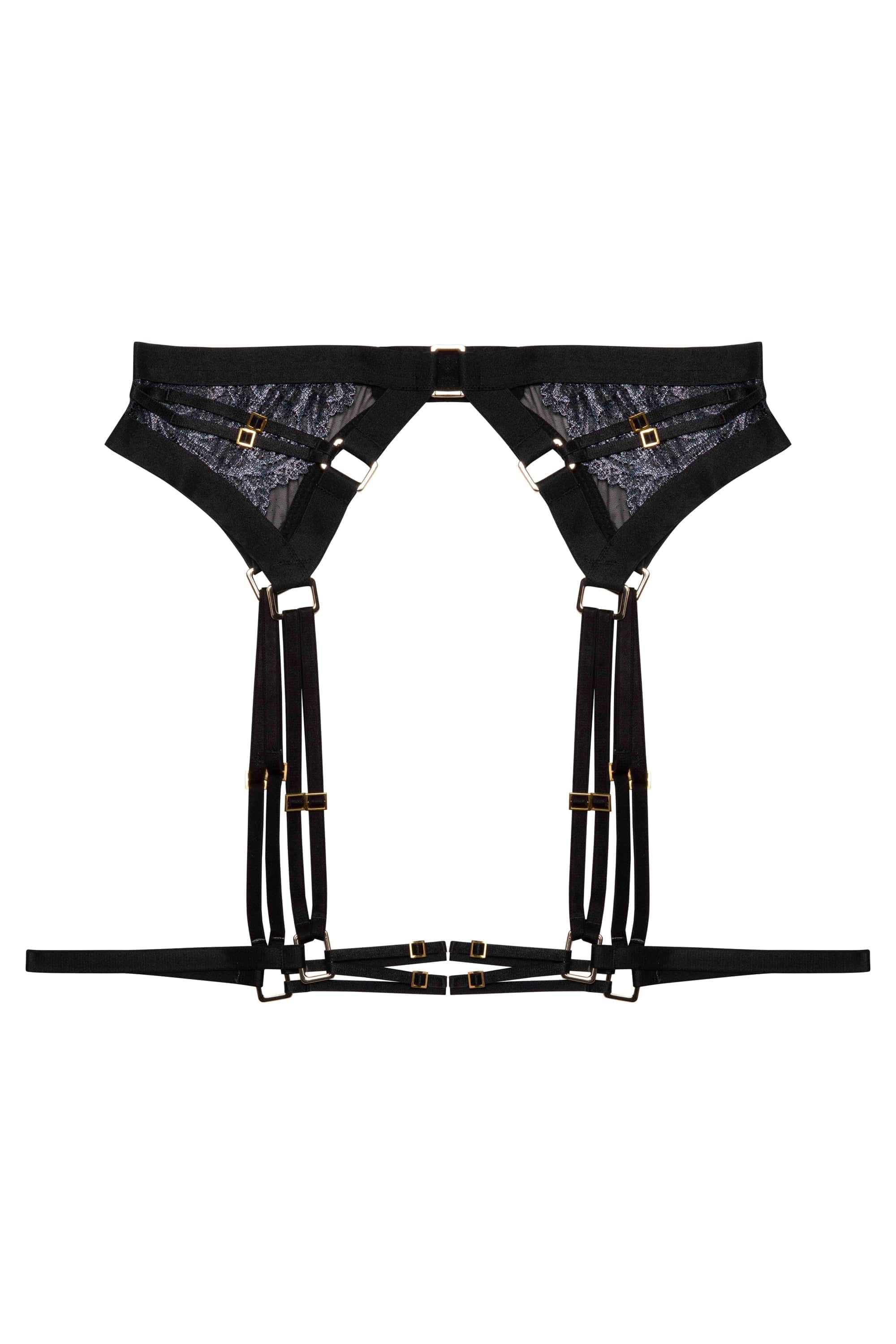 Black wet looks lace suspender with thigh harness