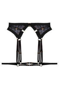Black wet looks lace suspender with thigh harness
