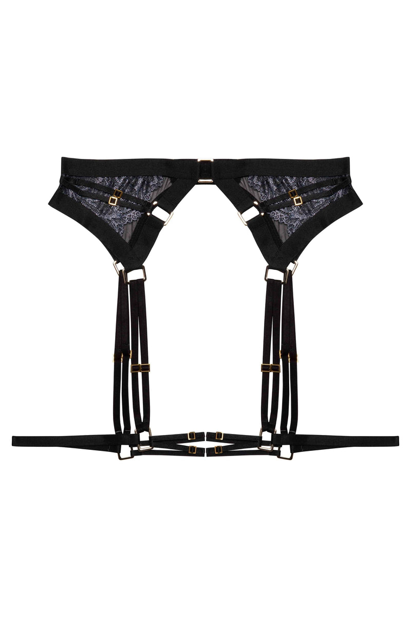 Black wet looks lace suspender with thigh harness