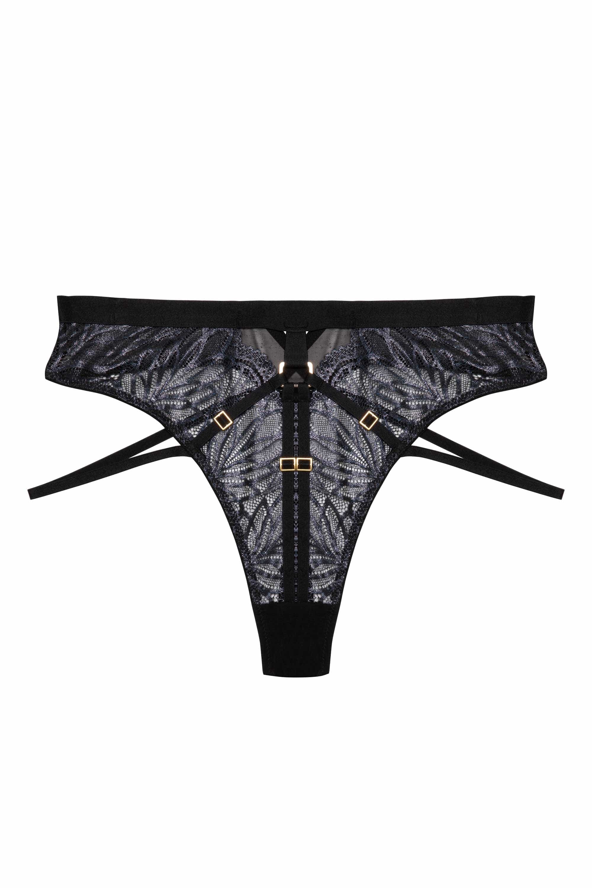 Black wet look lace high waist thong with straps