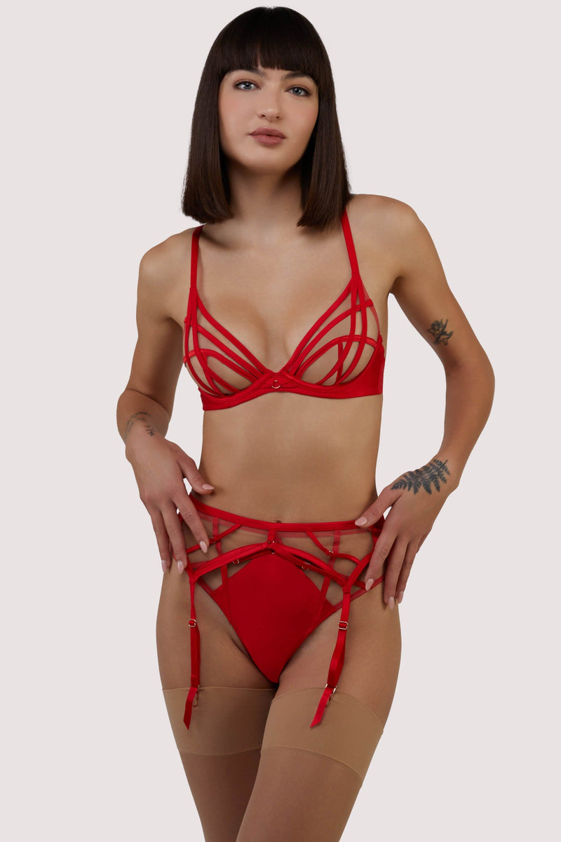 model wears red Ramona mesh bra with high waisted thong with red strap suspender