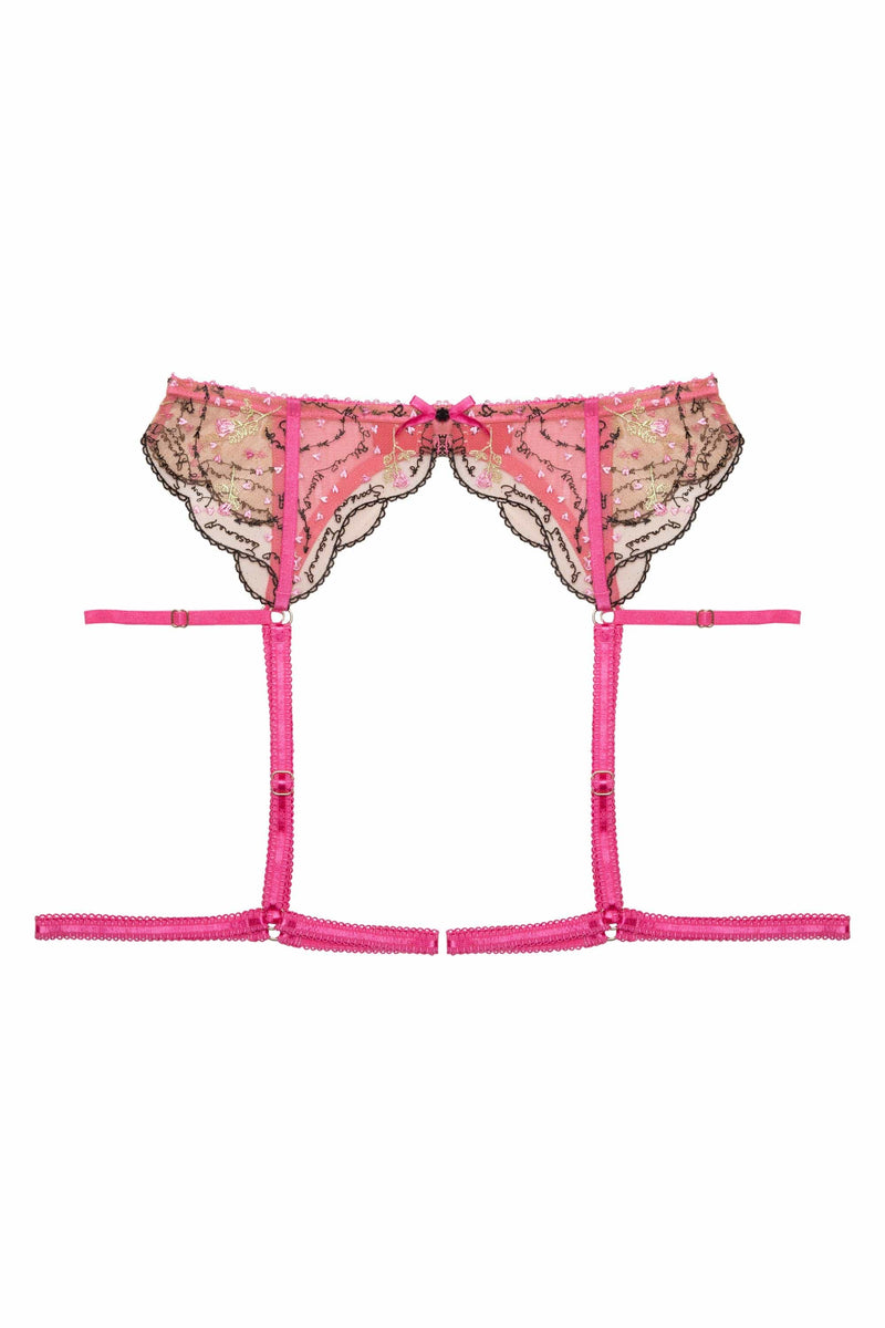 Spank Me Pink and Nude Custom Embroidery Suspender Belt