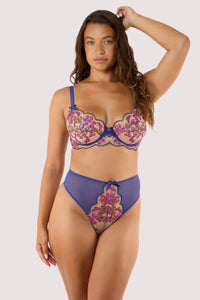 Model wears Baroque Embroidery Bra & High Waist Thong Set in Nude Mesh & Blue Satin.