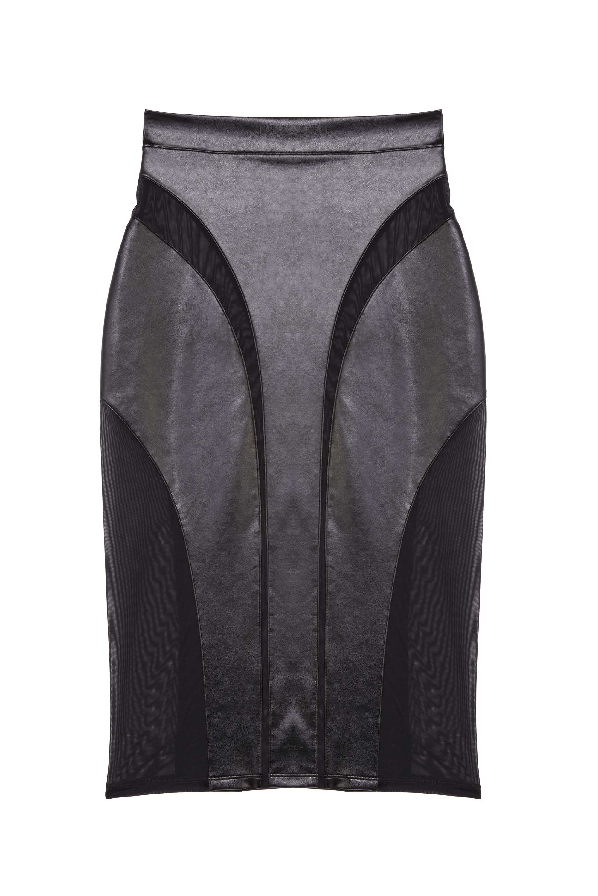 Black vegan leather mesh insert pencil skirt featuring leather panels with sheer mesh inserts with waist cinching, silhouette defining fit.