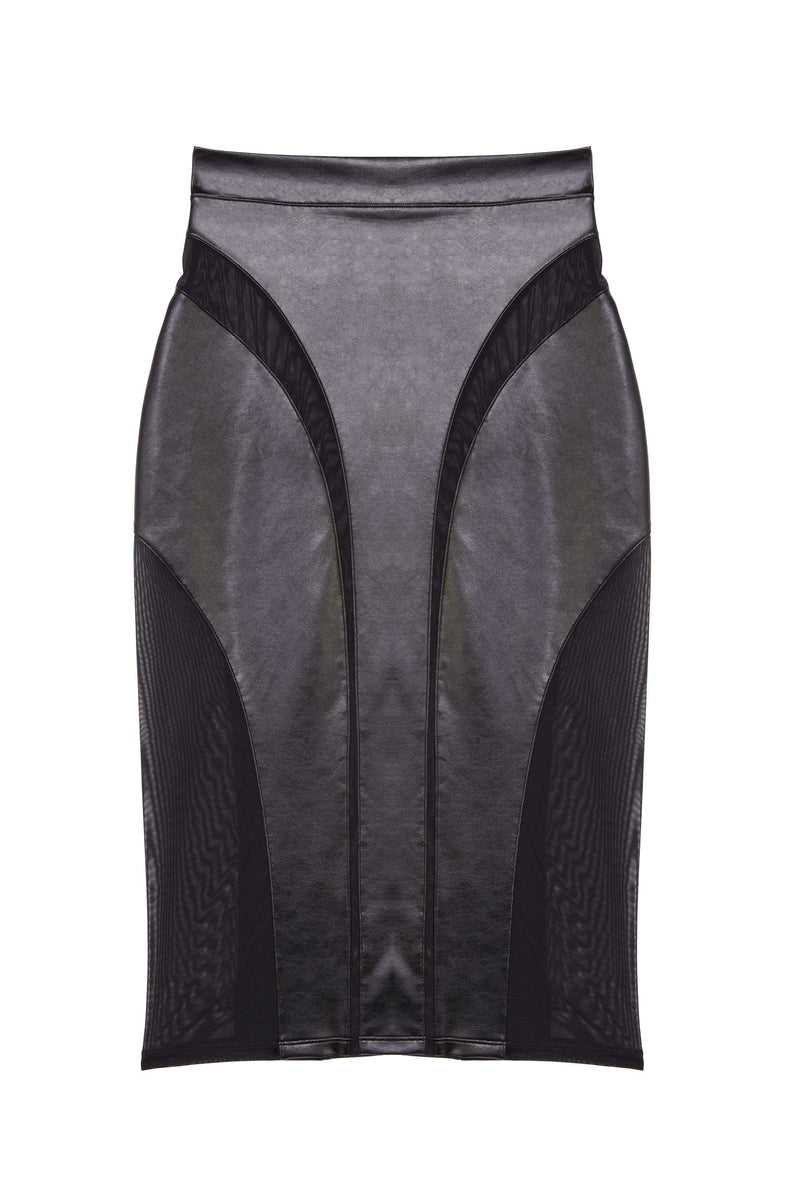 Black vegan leather mesh insert pencil skirt featuring leather panels with sheer mesh inserts with waist cinching, silhouette defining fit.