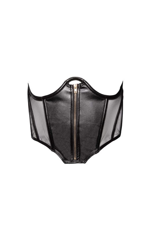Black vegan leather underbust corset with gold metal zip.