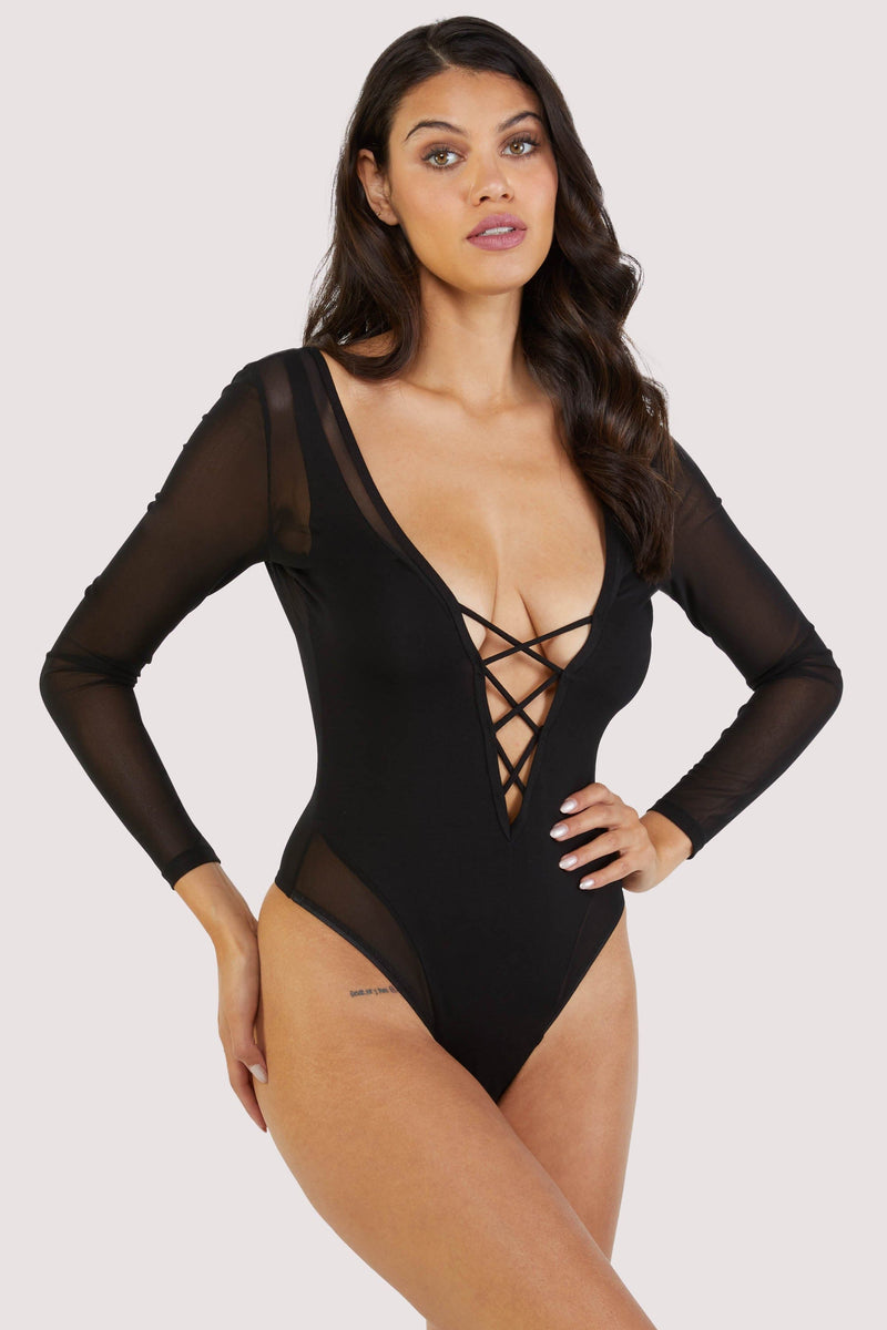Black bodysuit with sheer arms