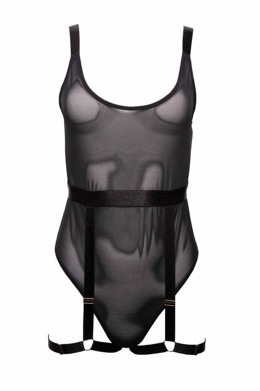 Black thick strap bodysuit with a semi sheer supportive mesh and adjustable thigh harness suspender.