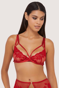 Model wears red lace plunge bra and high waist brief