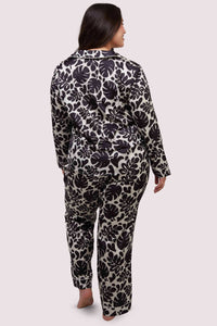 model shows black and white leaf print pyjama back