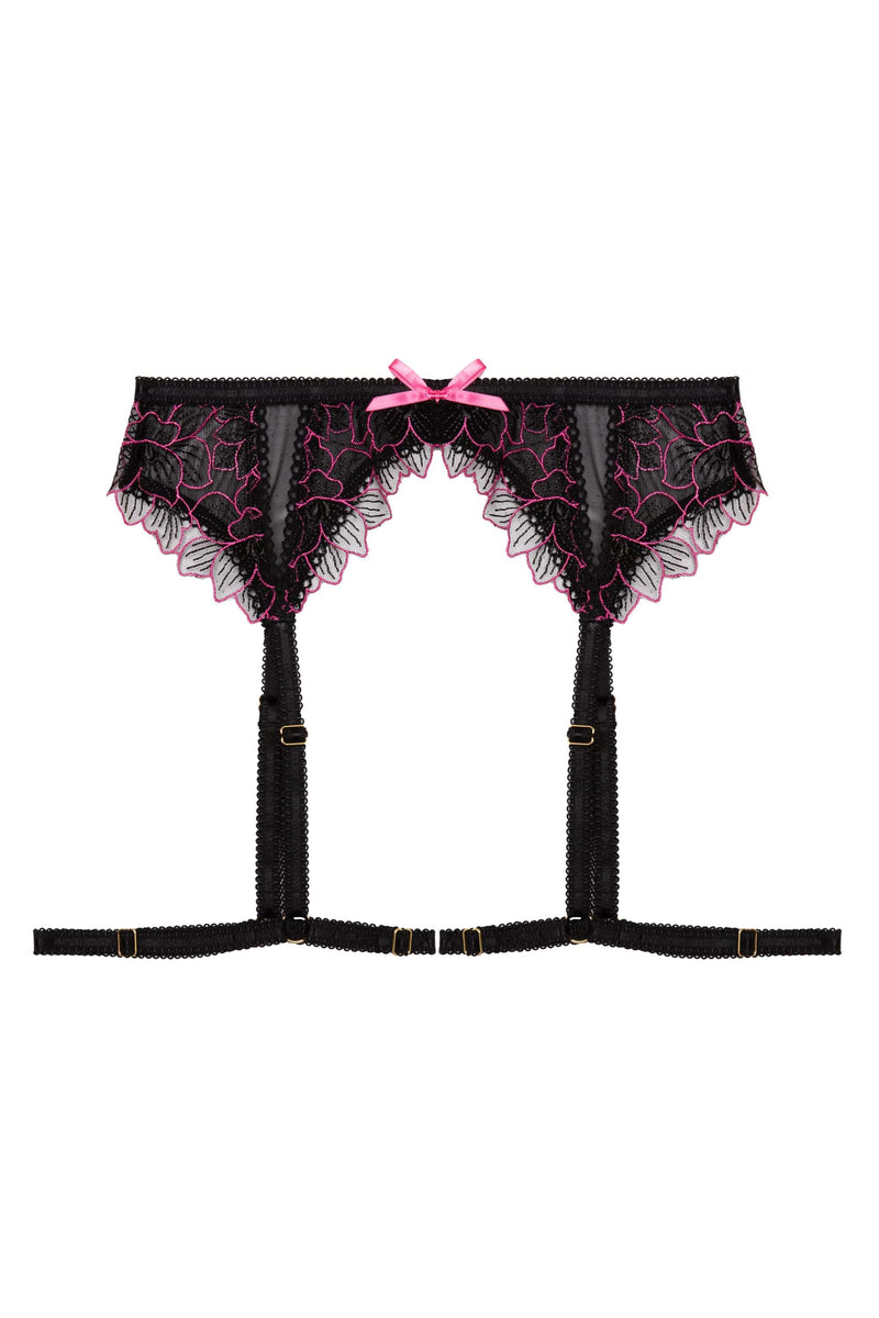 Eliza Black And Hot Pink Floral Embroidered Suspender Belt