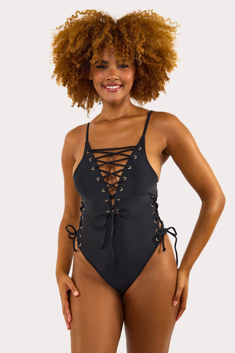 Wolf Whistle Eden Eden Fuller Bust Black Plunge Lace-Up Swimsuit