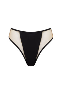 High-waist and high-leg black bikini bottoms with nude mesh inserts