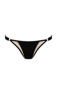 Black mid-rise bikini bottoms with nude mesh panels and gold metal rings