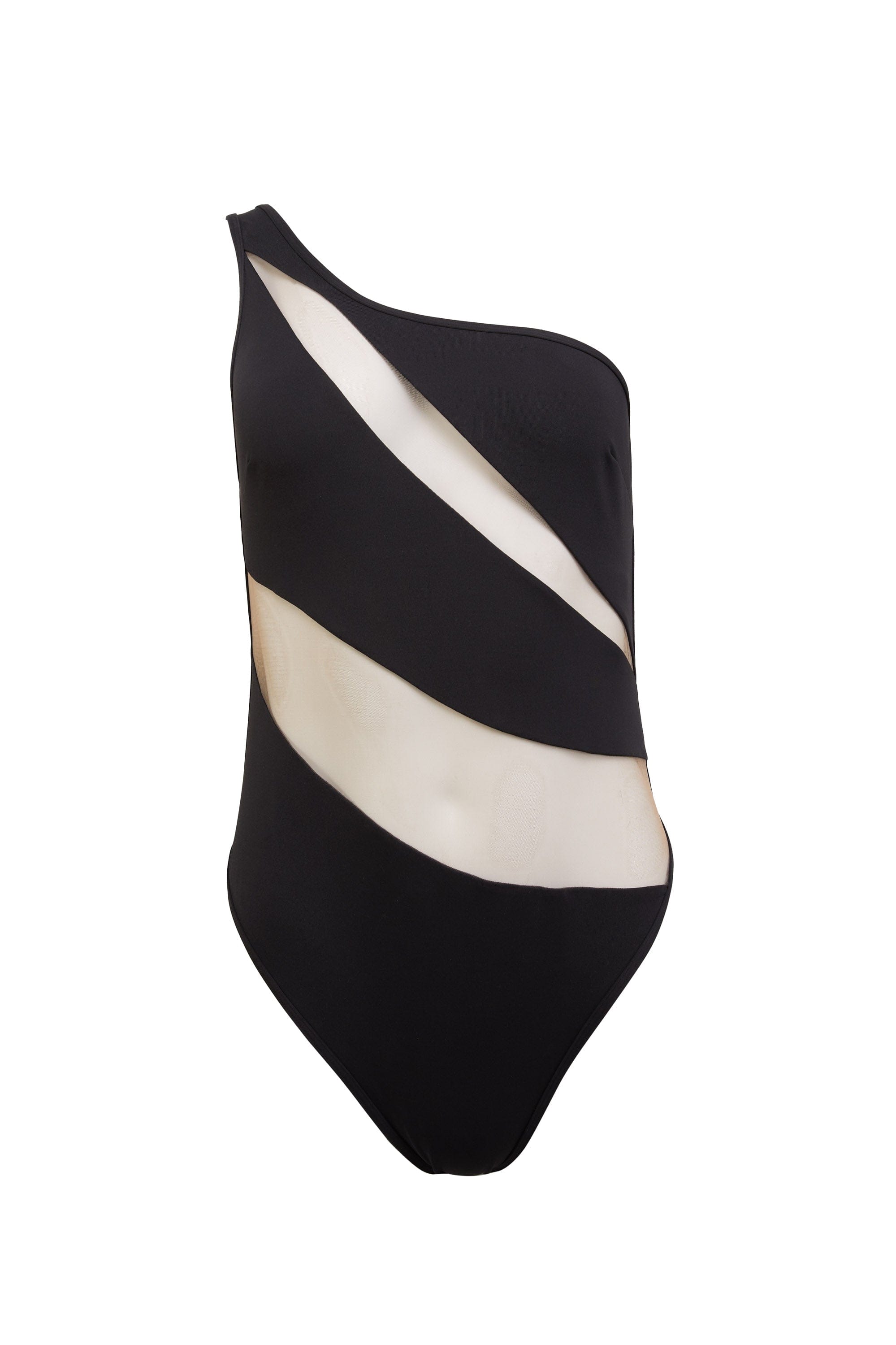 Asymmetric black swimsuit with nude mesh panels