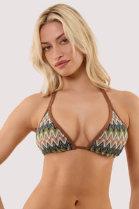 Model wears a jara khaki knitted chevron fuller bust bikini top with classic triangle shape featuring textured feel.