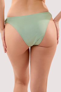 Model shows the back of the Kalani Jade ruched high leg bikini brief with lined gusset.