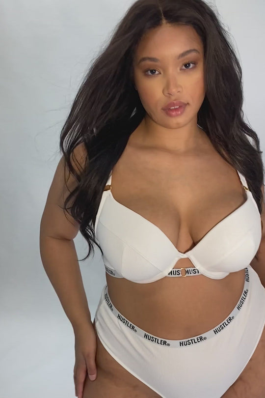 Branded Ribbed Ivory High Waist Thong