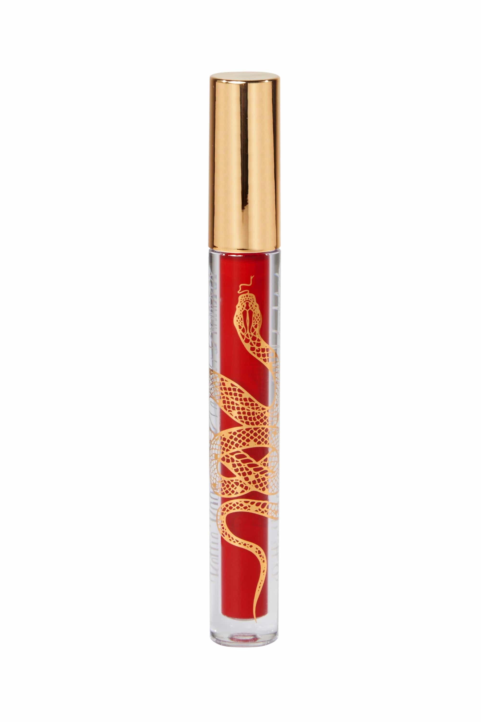 Product display of bright red matte liquid lipstick