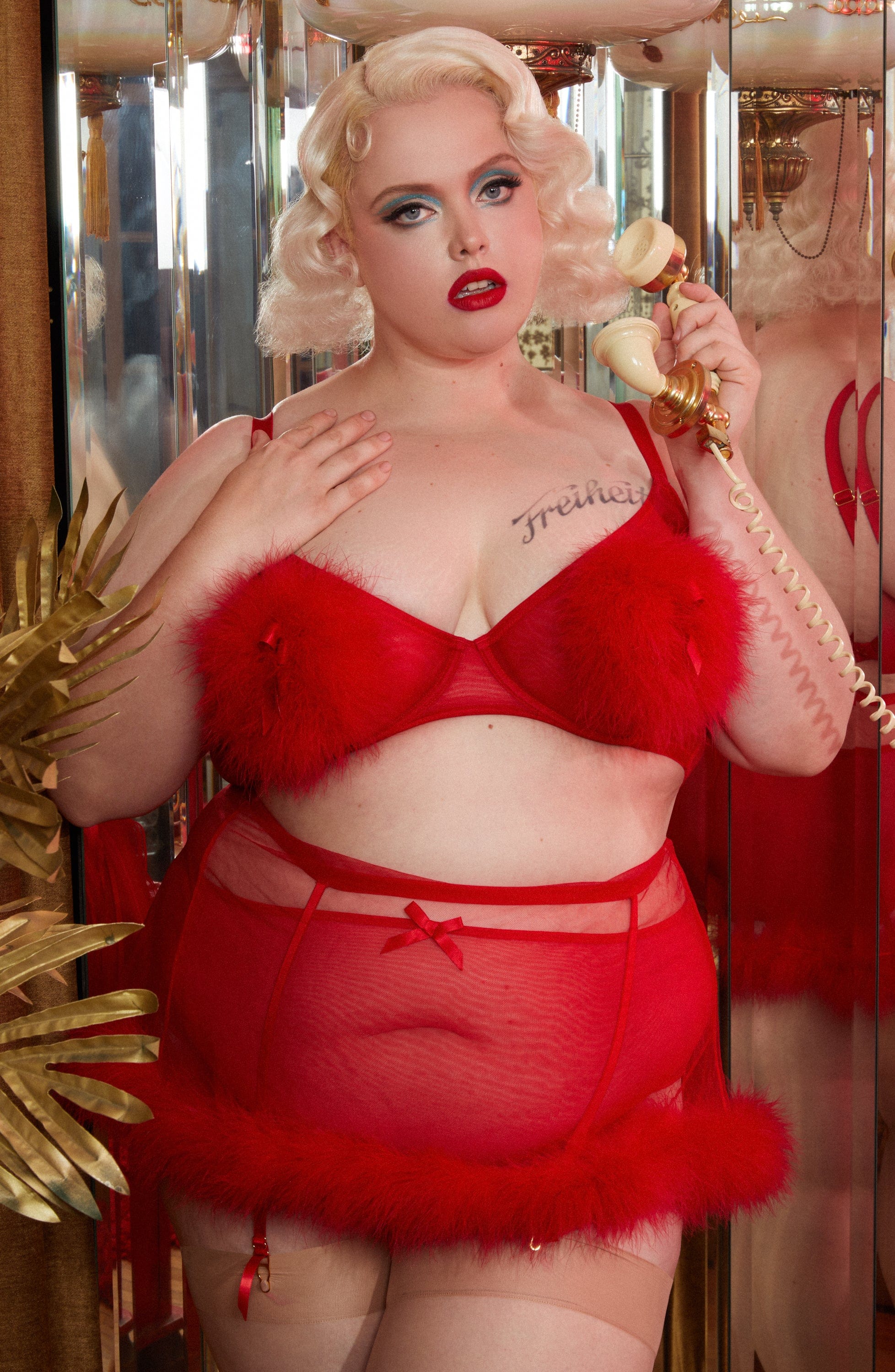 Elizabeth Red Plunge Feather Bra