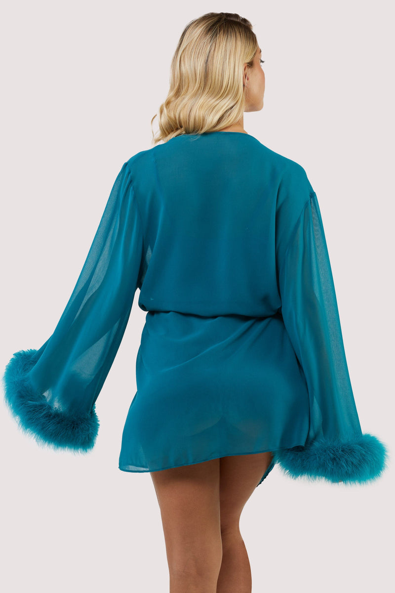 Teal Feather Trim Robe